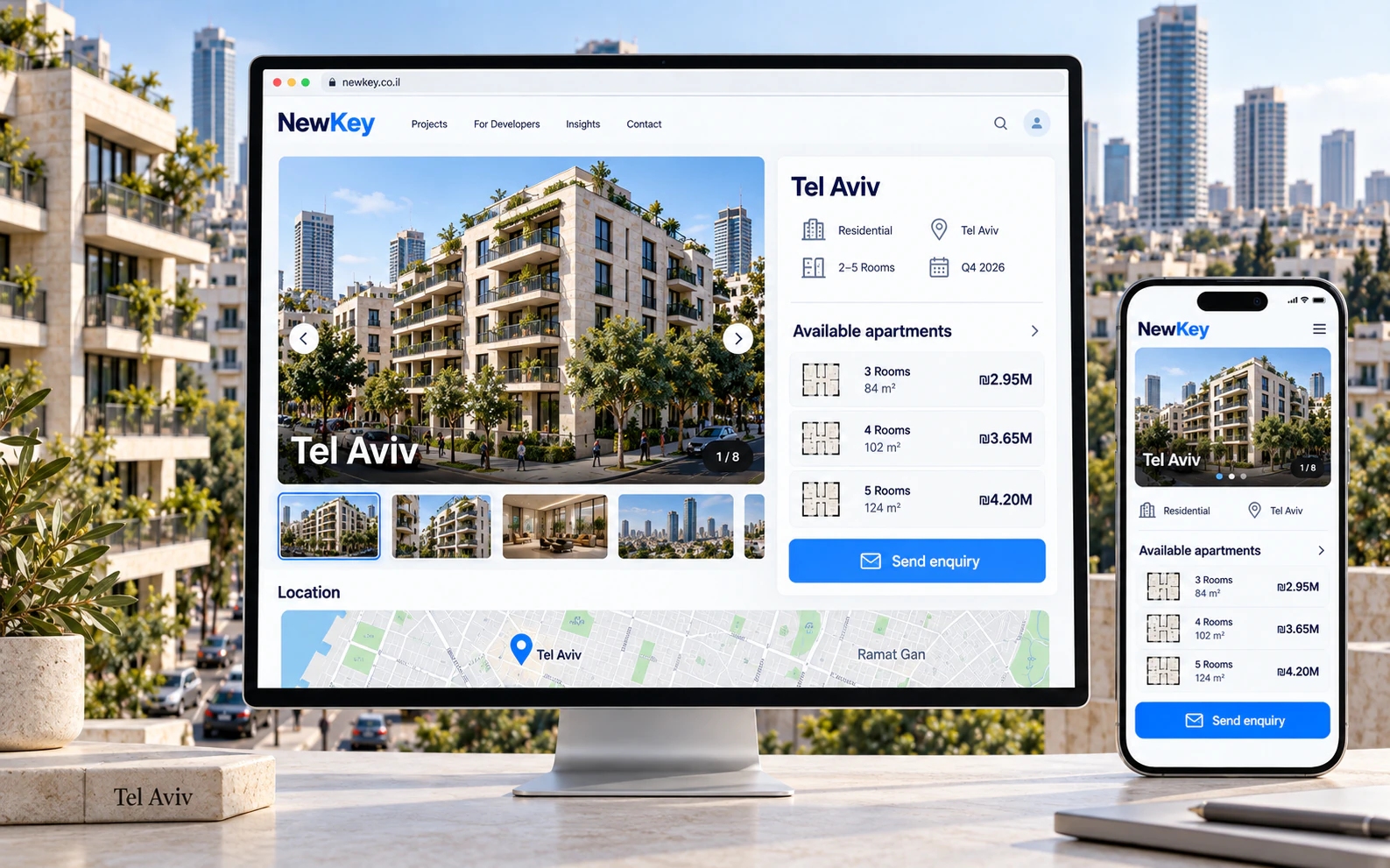 NewKey project page with gallery, property facts and floor plan