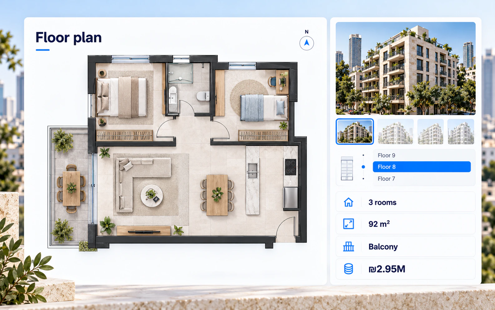 Two-bedroom apartment floor plan with unit and floor selector