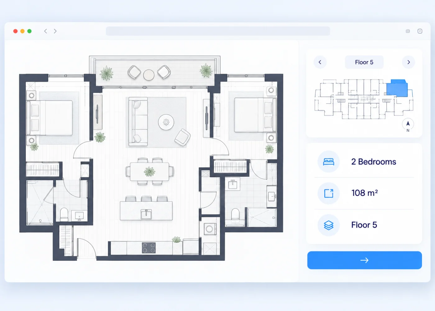 Two-bedroom apartment floor plan with unit and floor selector