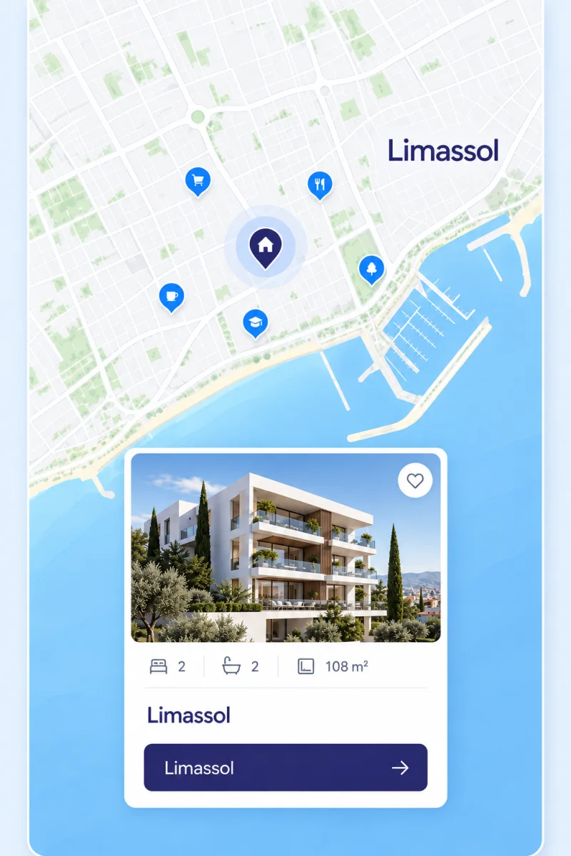 NewKey map preview showing a residential project in Limassol