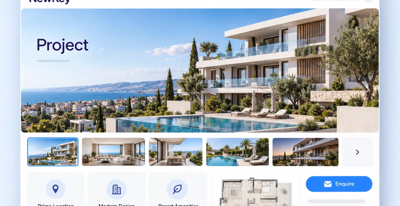 NewKey project page with gallery, property facts and floor plan